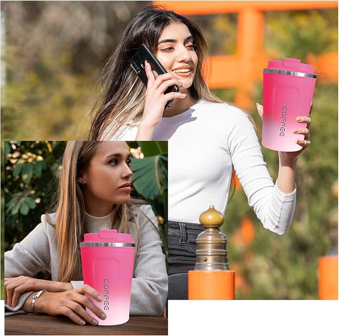 Travel coffee mugs leak-proof, reusable coffee cups with lids, stainless steel vacuum thermos coffee tumblers,thermal insulation cups for men and women hot & cold drinks (2nd-Red White, 12OZ)