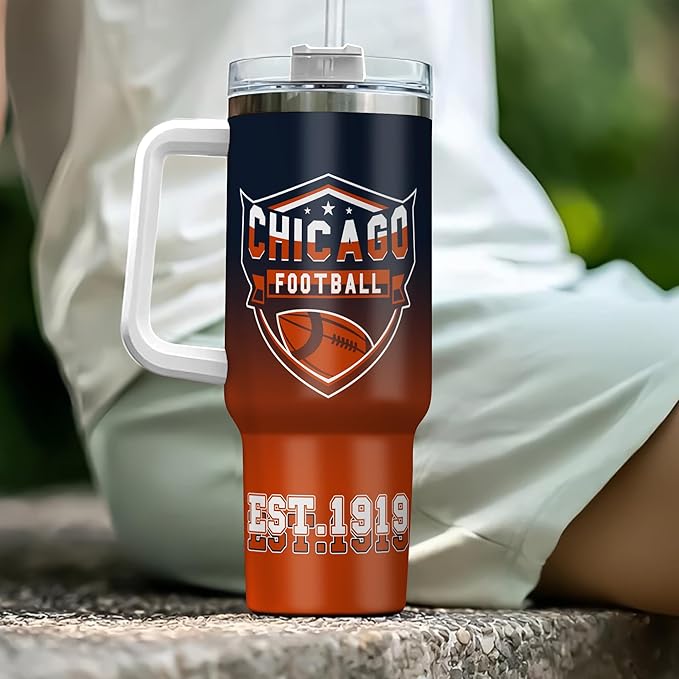 Personalized 40oz Football Stainless Steel Tumbler with Handle & Straw, Custom Insulated Travel Mug, Add Name & Number Cup, Coffee Gift for Sports Fans (Chicago-01)
