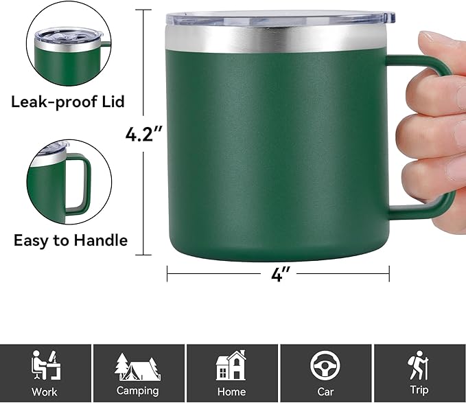 VEGOND 14 oz Insulated Coffee Mug Bulk with Handle, Stainless Steel Travel Coffee Mug with Lid, Double Wall Vacuum Metal Coffee Cup, Coffee Tumbler Powder Coated, Dark Green 8 Pack