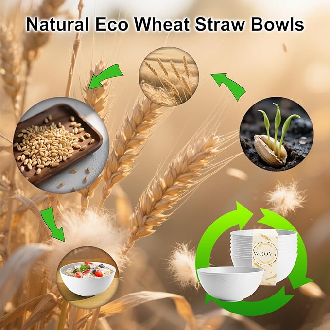 Wrova White Wheat Straw Bowls for Cereal and Salad,Alternative Plastic Bowls Set of 6,40oz Unbreakable Soup Bowls suitable for Kitchen,Party,Camping and R.V.