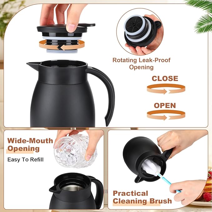Uiifan 2 Pcs Thermal Coffee Carafe Insulated Stainless Steel Coffee Carafes for Keeping Hot and Cold Double Walled Vacuum Thermal Pot Flask with Brush for Water Milk Tea Home and Office(Black,17oz)