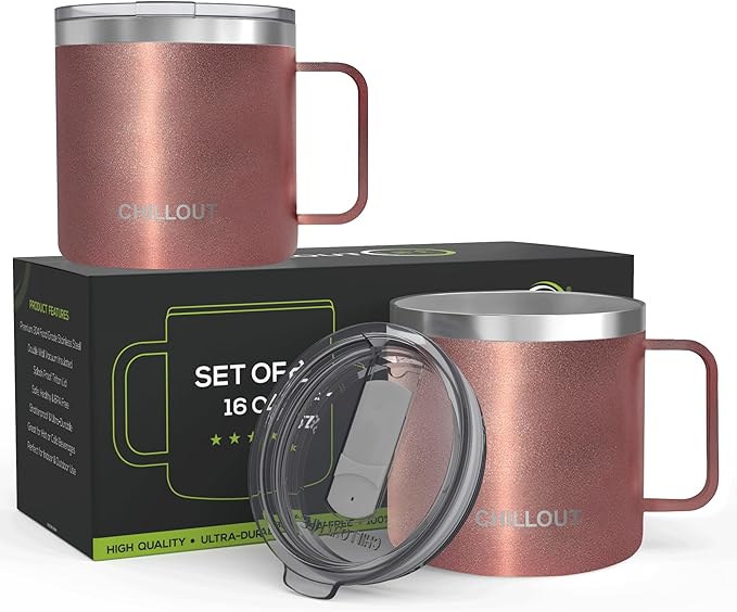 CHILLOUT LIFE Stainless Steel 16 oz (Set of 2) - Vacuum Insulated Coffee Mug with Handle and Lid, Large Thermal Camping Coffee Mug Cup with Durable Sliding Lid for Women - Rose Gold