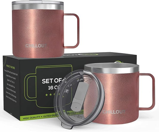 CHILLOUT LIFE Stainless Steel 16 oz (Set of 2) - Vacuum Insulated Coffee Mug with Handle and Lid, Large Thermal Camping Coffee Mug Cup with Durable Sliding Lid for Women - Rose Gold