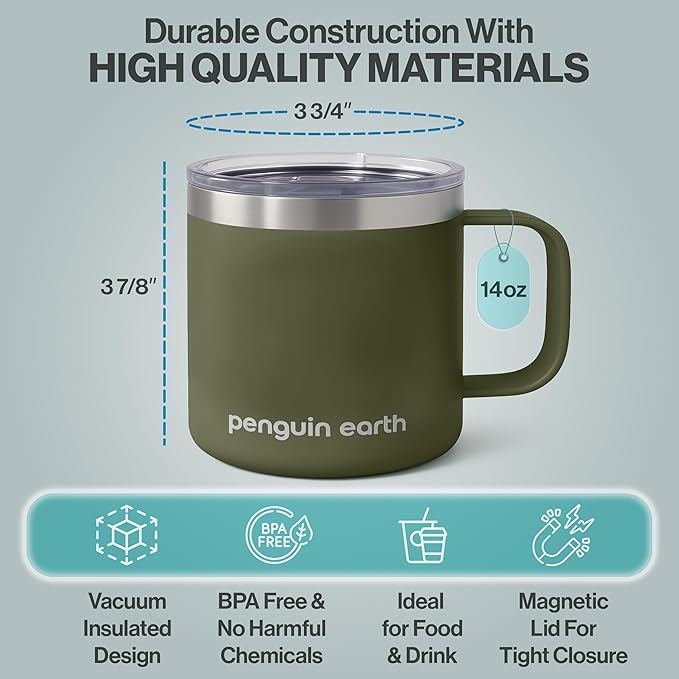 14 oz. Camping Mug with Lid, Coffee Mug. Travel Cup, Powder Coated, Vacuum Insulated, Stainless Steel, BPA Free. Travel Tumbler Cup, Dishwater safe (Green)