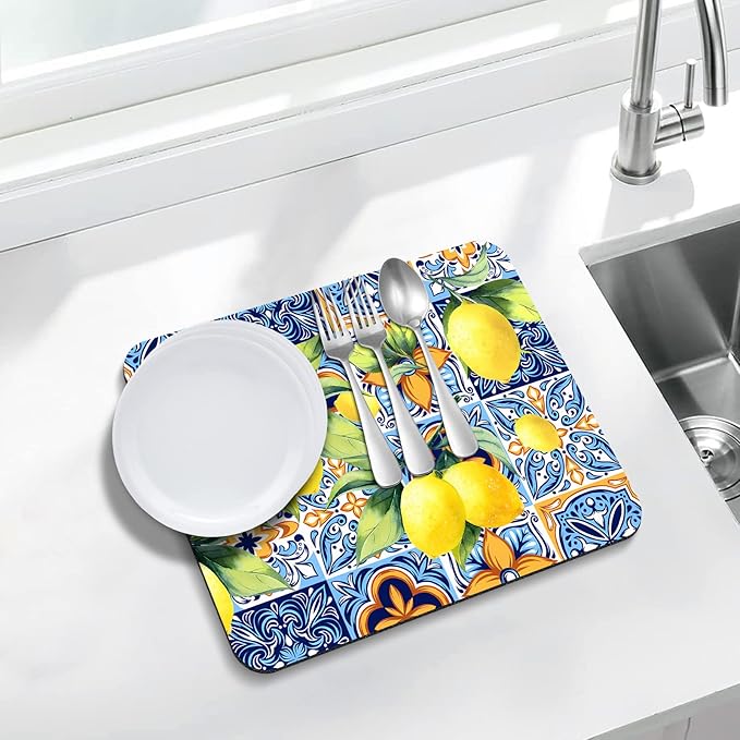 Rubber Dish Drying Mat for Kitchen Counter Large Lemon Washable Quick Home Coffee Pad Fit Under Sink,Bar,Utensils 16x18in