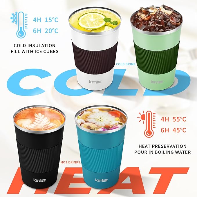 KETIEE Travel Coffee Mug 12oz: Reusable Insulated Coffee Cup with Leakproof Lid, Travel Tumbler, Vacuum Stainless Steel Coffee Mug to Go for Hot/Ice Coffee Tea (White)