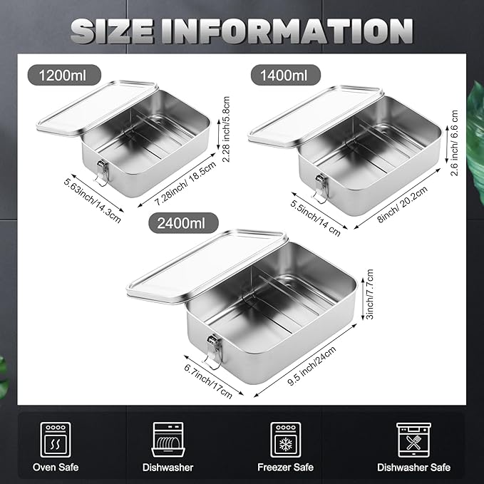 Umigy 3 Pcs Stainless Steel Food Containers 1200/1400/2400ml Metal Bento Lunch Box Stainless Steel Food Storage Containers, Lockable Clips to Leak Proof, Reusable Dishwasher Snack Boxes for Work