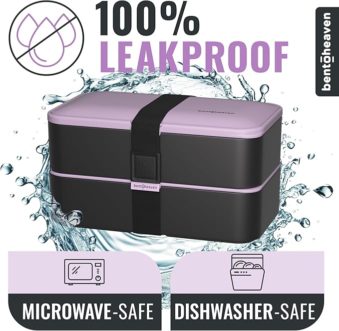 Bentoheaven Premium Bento Box Adult Lunch Box with Compartments for Women & Men, Set of Utensil & Chopsticks & Dip Container, Cute Japanese Kids Bento Lunch Box, Microwavable (Violet Me Go)