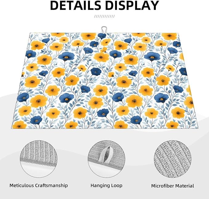 Blue Yellow Floral Dish Drying Mats for Kitchen Counter, Absorbent Microfiber Drying Pad for Dishes, Decorative Kitchen Mat for Sink & Dining Area, Washable Foldable Reversible, Home Decor, 18" x 24"