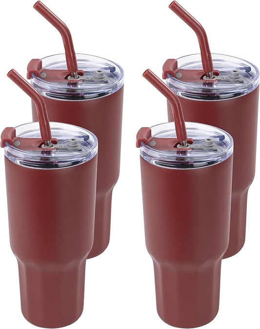 VEGOND 30 oz Insulated Stainless Steel Tumblers with lid and straw Bulk Pack Double Wall Vacuum Coffee Mug with Non-Slip Silicone Base, Sweat Proof Powder Coated Cup for Hot Cold Drinks, Red 4Pack