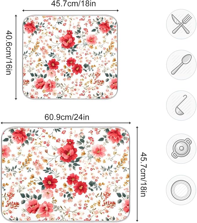 Spring Floral Colorful Flowers Dish Drying Mat for Kitchen Counter Absorbent Dish Drainer Mats Drying Pads 16"x18"