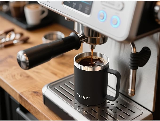 TILUCK 12 oz Insulated Coffee Mug with Lid, Leak-Proof Stainless Steel Travel Mug Cup with Handle for Hot or Cold Drinks(MidnightBlack, 12oz)