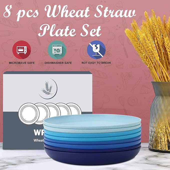 Wheat Straw Plates - 10 Inch Unbreakable Dinner Plates Set of 8 - Dishwasher & Microwave Safe Plastic Plates Reusable - Lightweight Plates for kitchen,camping (Ocean Series)