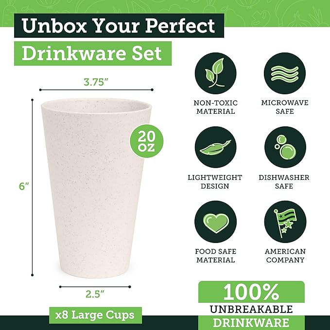 Grow Forward Premium Wheat Straw Cups - 20 oz Unbreakable BPA Free Hard Plastic Cups - Reusable Lightweight Plastic Drinking Glasses for Kitchen, Outdoor, Water, Camping, RV - Sahara