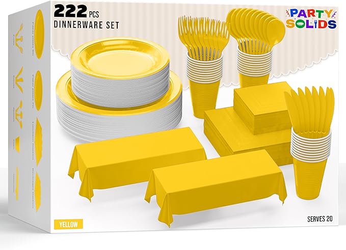 222 Pcs Yellow Paper Plates and Napkins Sets, Disposable Plates For Party, Lunch & Cocktail Napkins Paper, 18oz Plastic Cups, Cutlery and Yellow Table cloth Plastic Dinnerware Set