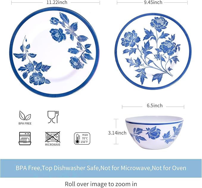 Melamine Dinnerware Set 12-Piece for 4 Dish Set Plates Bowls Unbreakable Dishware for Indoor Outdoor Use Lightweight Durable for Camping Picnics Parties Dark blue