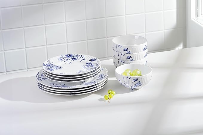 222 Fifth 12-Piece Porcelain Dinnerware Set for 4, White & Blue Plates and Bowls Set, Glossy Ceramic Dish Set with Embossed Toile Pattern, Elegant Kitchen Dishes, Microwave & Dishwasher Safe, Cassian