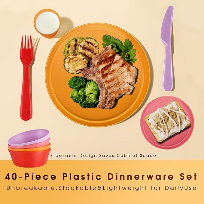 40-Piece Unbreakable Kids Dinnerware Set for Toddlers & Children, BPA-Free & Easy-Clean PP Plates and Bowls, Microwave & Dishwasher Safe, Complete Family Pack (Service for 8)