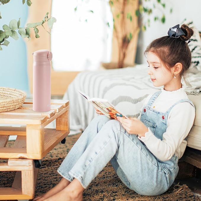 17 oz / 500 ml Insulated Water Bottle, Stainless Steel Thermo Coffee Travel Mug, Thermal Cup with Snap Flip Lid, BPA Free for Hot and Cold Drinking, Pink