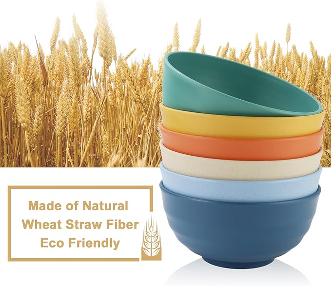 Wheat Straw Bowls 60 OZ, Unbreakable Large Salad Bowls Set of 6, Microwave and Dishwasher Safe Big Popcorn Bowls, Plastic Serving Bowls for Eating, Soup, Cereal and Salad (Multi Colors)