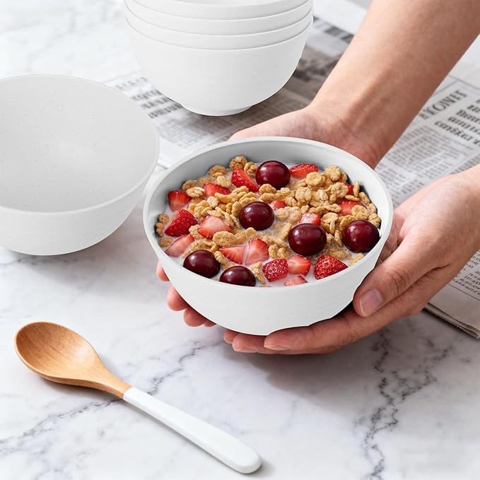 Wheat Straw Bowls 26 OZ, Plastic Bowls Reusable, Unbreakable Cereal Bowls Set of 6, Small Soup Bowl Salad Bowl for Kitchen, Microwave & Dishwasher Safe, White