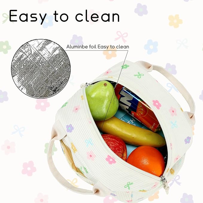 BTOOP Lunch Box for Women Men Cute Corduroy Lunch Bags Large Capacity Insulated Lunch Tote Bag For Work Travel Or Picnic (Colorful Floral Bow)