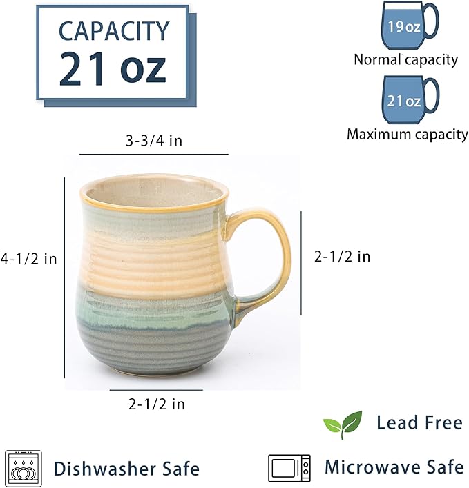 21 oz Large Ceramic Coffee Mugs, Pottery Mug Handmade, Ceramic Tea Cups with Handle for Office and Home, Dishwasher and Microwave Safe (Grayish Blue)