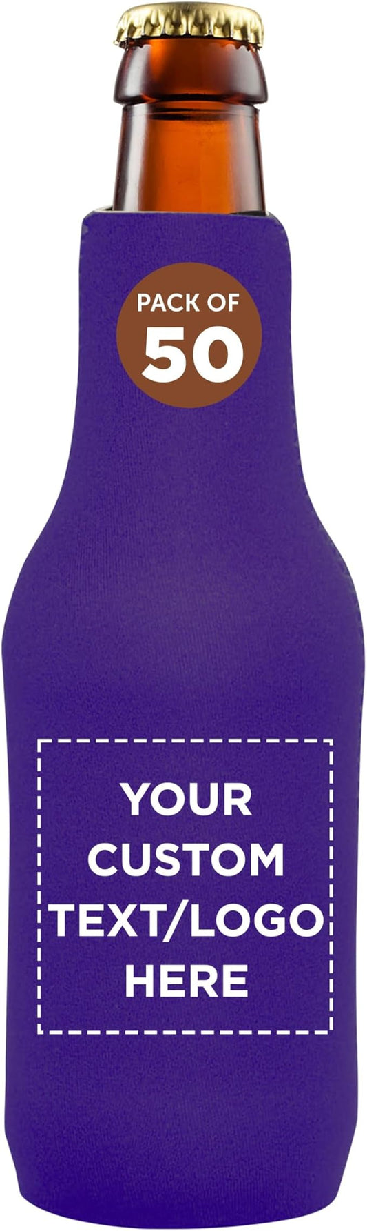 50 Neoprene Zippered Beer Bottle Coolies Pack - Customizable Text, Logo - Sharkskin Rubber Bottom - Purple