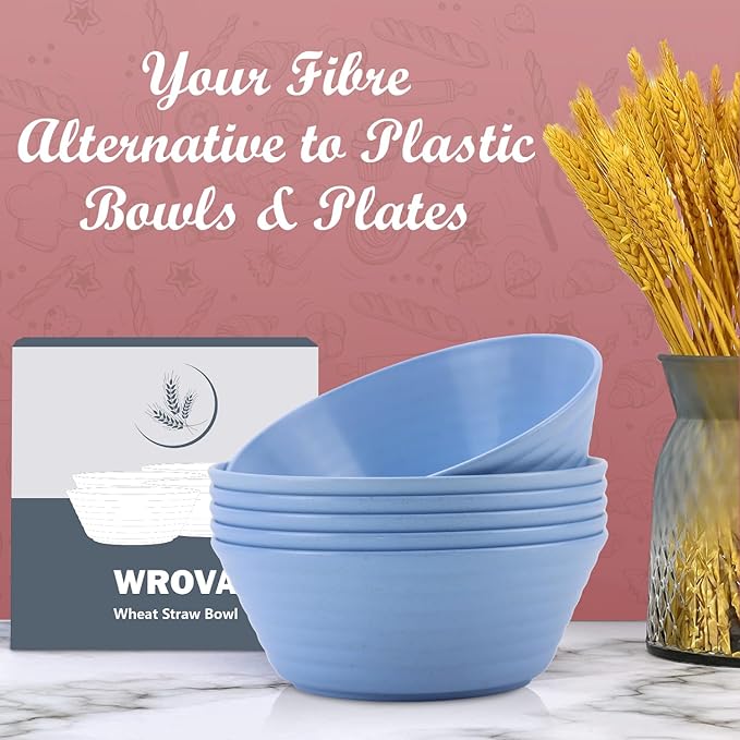 Wrova Wheat Straw Bowl Sets,6 PCS Unbreakable Cereal Bowl 36 OZ,Microwave and Dishwasher Safe Bowls,Kitchen Bowls for Serving Soup,Oatmeal and Salad （Sky Blue）