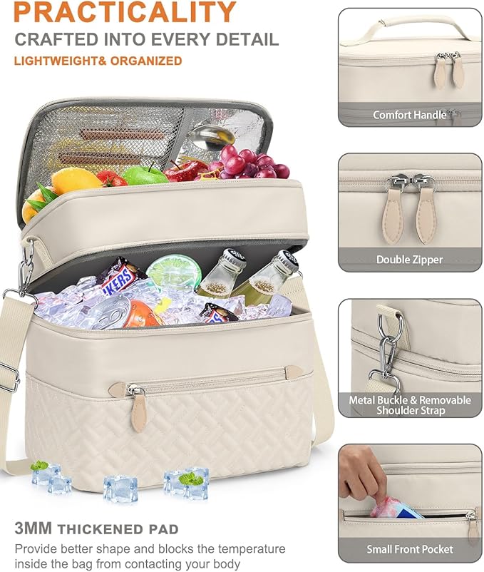 Capolo Lunch Box for Women Men Adults,Double Deck Insulated Lunch Bag Leakproof Lunch Cooler Box with Removable Strap Lunch Tote Bags Reusable Thermal Lunchbox for School Work Picnic(Large,Beige)
