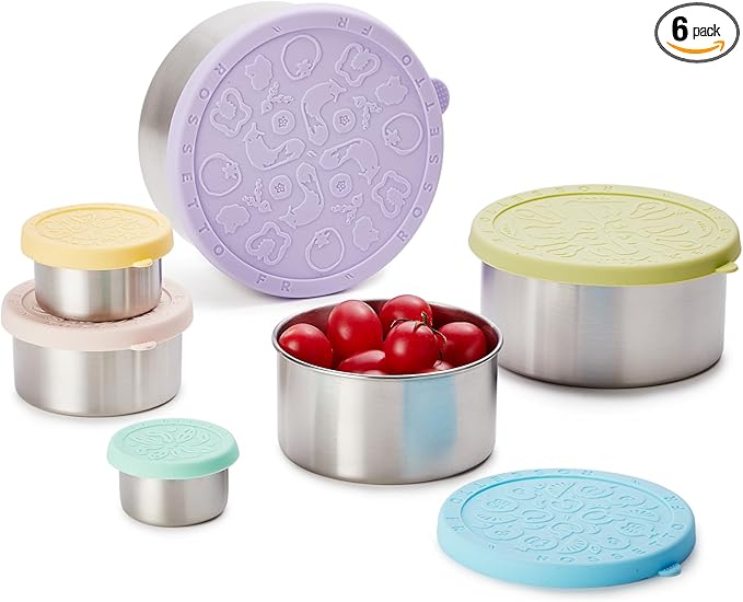 Stainless Steel Food Container, Set of 6, Nesting Bowls with Colorful Lids, stackable leakproof Metal Lunch Box Set for Kids, Daycare, School, Travel. Sauce Salad dressing Container to go (Serenity)