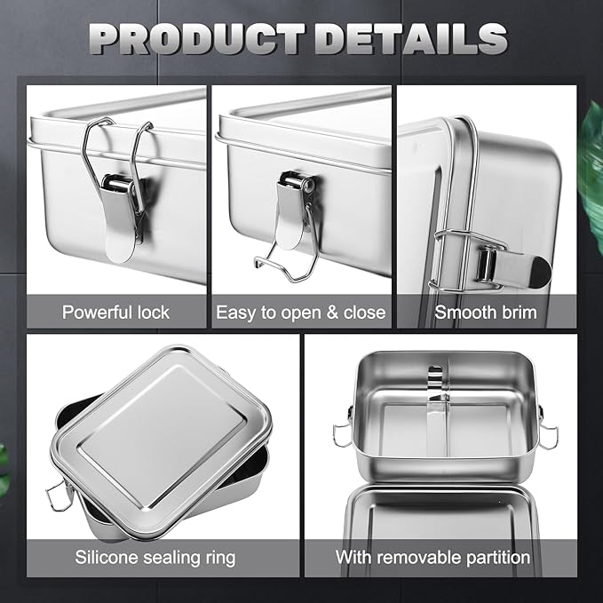 Umigy 4 Pcs Stainless Steel Food Containers 1200ml Metal Bento Lunch Box Stainless Steel Food Storage Containers, Lockable Clips to Leak Proof, Reusable Dishwasher Snack Boxes for Work