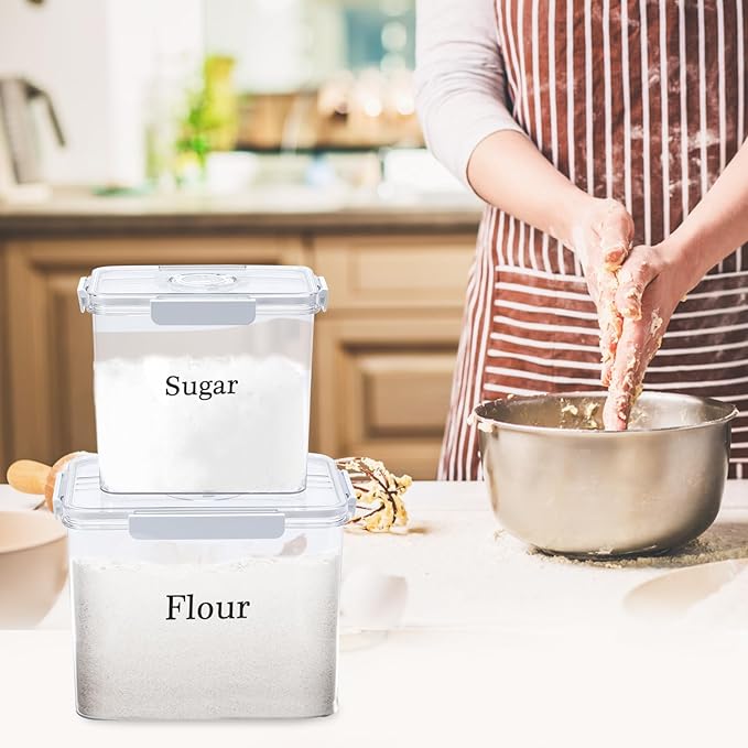 2 Pack Flour Sugar Storage Container,Plastic Food Storage Containers with Airtight Lids,Canisters Sets for The Kitchen,Sugar,Flour,Cereal,Baking Supplies,Rice,Pantry Organization Bin(5.2&2.9L)