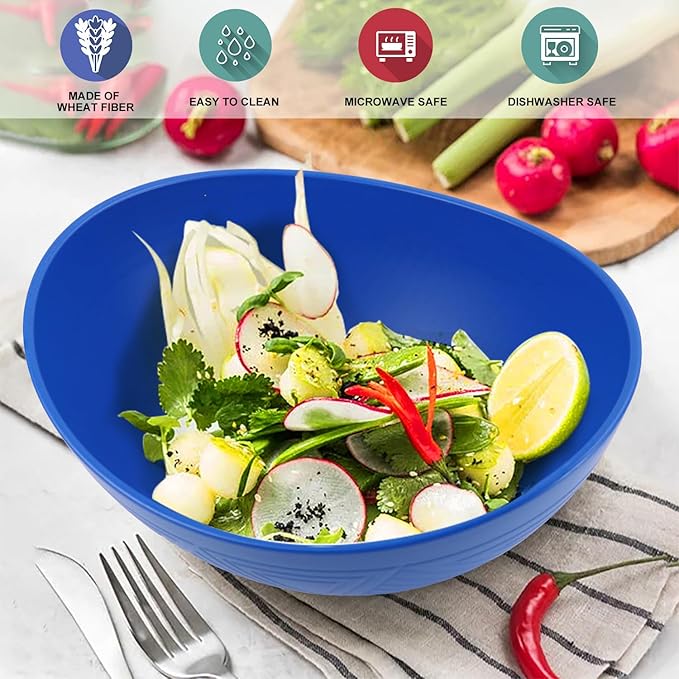 Wrova Large Wheat Straw Bowls,Big Salad Bowls set of 2,Unbreakable Serving Bowls Microwave & Dishwasher Safe, Alternative for Plastic Bowl Sets for Kitchen.Blue