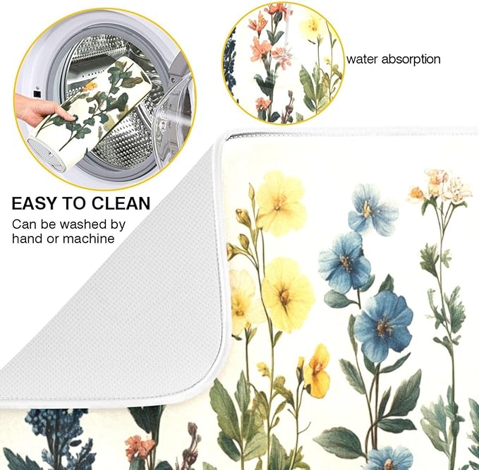 Vintage Plants and Colorful Flowers Dish Drying Mat for Kitchen Counter Super Absorbent Dishes Pad Reversible Microfiber Protector Dish Draining Mats 16x18 inch