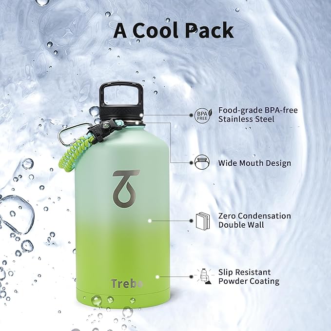 Trebo One Gallon Water Bottle Insulated with Paracord Handle,128oz Stainless Steel Sports Large Jug,Food-grade Double Wall Vacuum with Straw Spout Handle Lids, Leakproof Keep Cold & Hot, Dark Green