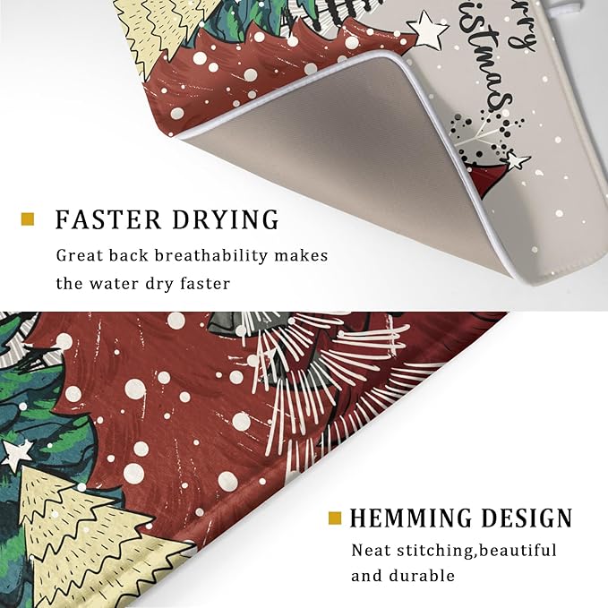 Christmas Trees Dish Drying Mat Winter Holiday Kitchen Dishes Pad 18x24 Inch Absorbent Reversible Fast Dry Draining Rack Pad for Countertop