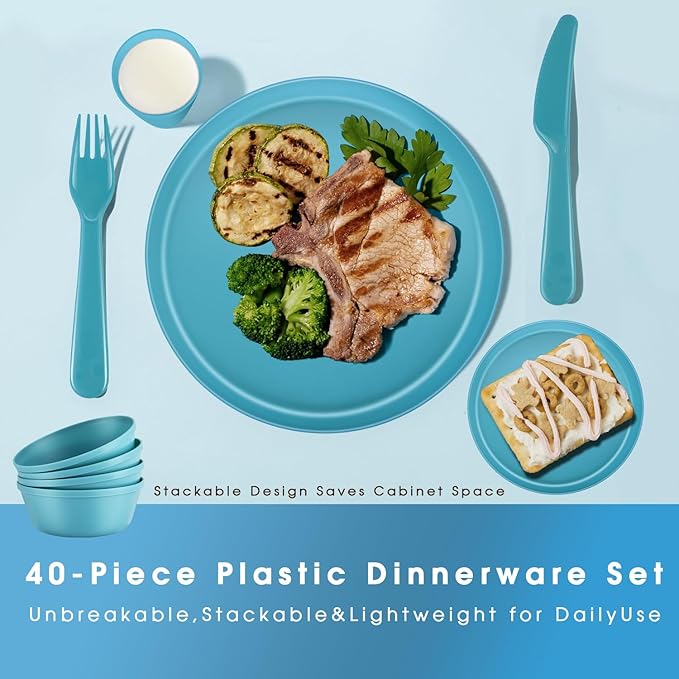 40-Piece Unbreakable Kids Dinnerware Set for Toddlers & Children, BPA-Free & Easy-Clean PP Plates and Bowls, Microwave & Dishwasher Safe, Complete Family Pack (Service for 8)