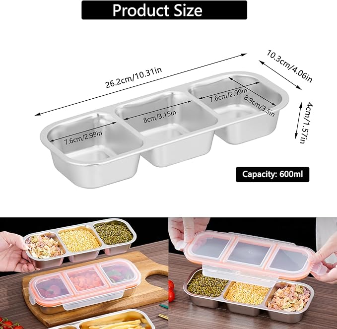 Stainless Steel Snack Box Containers, Reusable 3 Compartment Condiment Box with Lids, Food Container Sauce Cups, Divided Food Storage Containers for Home and Travel (Clear Lid)