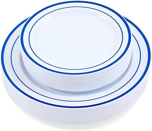 120-Piece Plastic Plates Set Premium 60 Dinner & 60 Salad Plates Pack, Disposable Plates for Party - White Plastic with Blue Rim