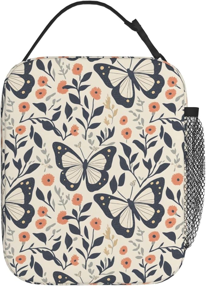 Butterfly Floral Lunch Bag, Polyester Tote Bags with Flower and Leaf, Minimal Vintage Insulated Lunchbox, Portable Lunchbag Decor Gifts for Work, Picnic, School, Travel, Beach or Fishing