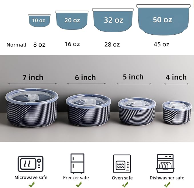 Ceramic Nesting Bowls with Lids: Mixing Bowls with Lids - Porcelain Food Storage Containers For Prep and Serving, Microwavable Kitchen Bowl Set of 4, 50/32/20/10 oz (Navy)