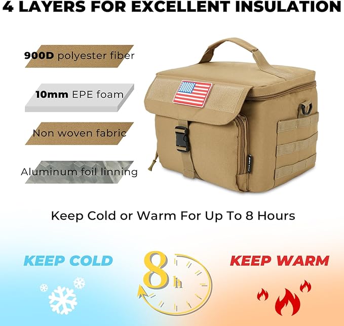 Ronyes Tactical Lunch Box for Men,Large Insulated Lunch Bag with Shoulder Strap,Heavy Duty Lunchbox Cooler MOLLE Webbing, Leakproof Pail for Work Camping Fishing-Brown