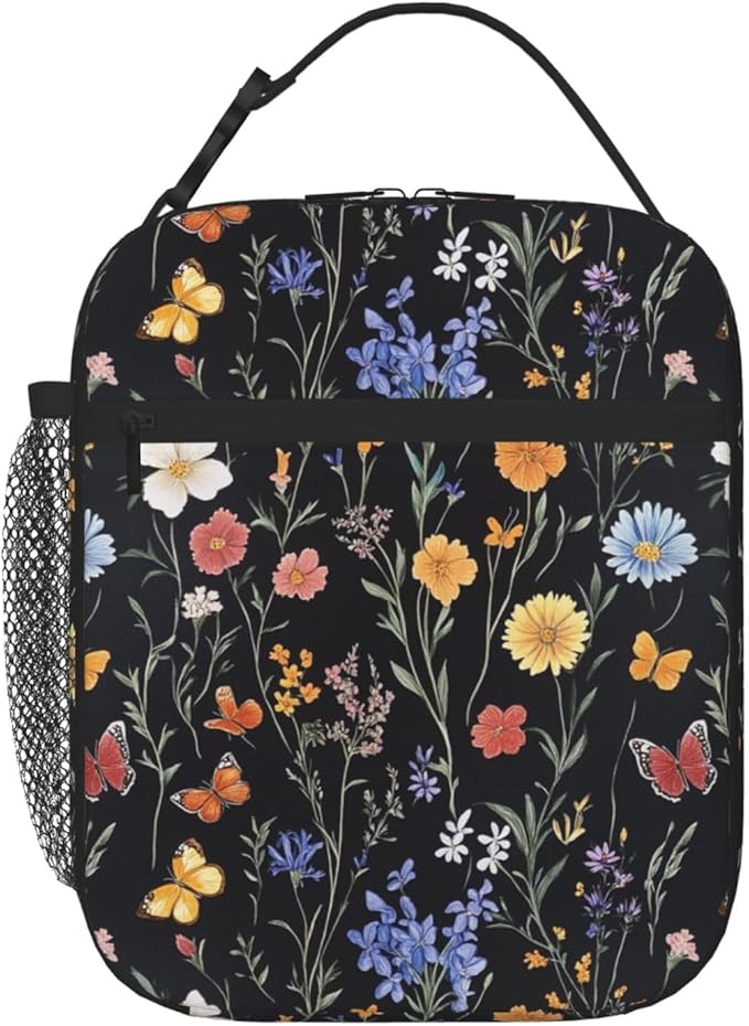SUPLUCHOM Lunch Bag Vintage Botanical Flower Wildflower Insulated Bento Box Cooler with Side Pocket for Girl Boy Women Men Work School Picnic Hiking Daytrip