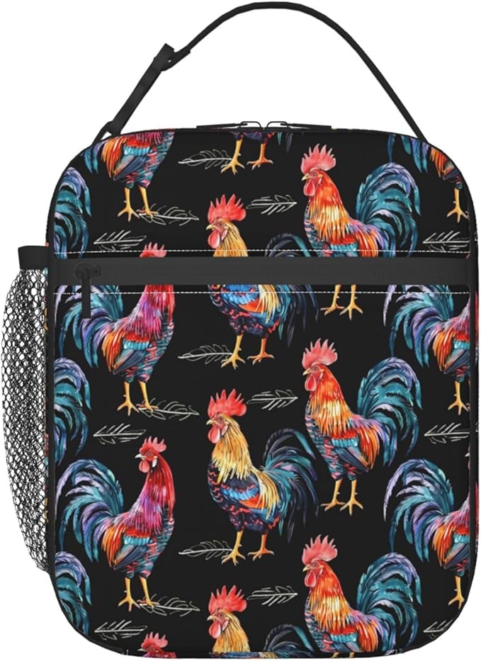 Reusable Colorful Rooster Lunch Box for Kids Girls Boys Women Adult, Insulated Chicken Black Lunch Bag,Polyester Cooler Handbags Case for School Picnic Work Travel Beach or Hiking