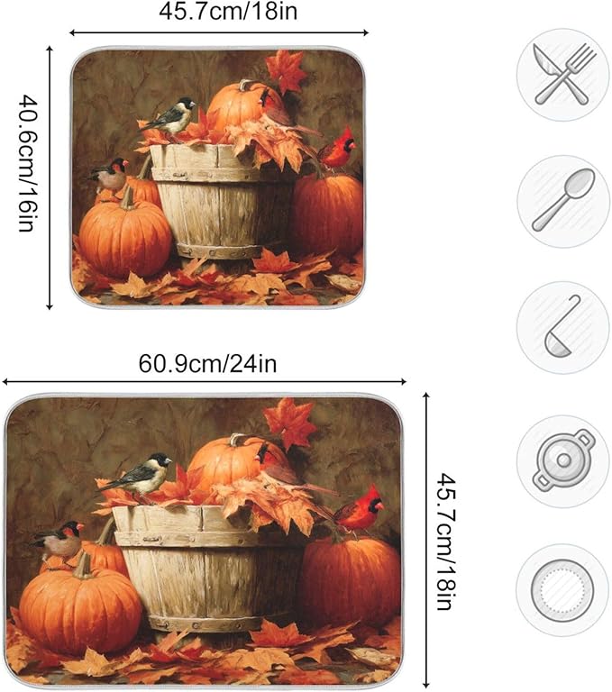Pumpkins Autumn Leaves Birds Dish Drying Mat for Kitchen Counter Super Absorbent Dishes Pad Reversible Microfiber Protector Dish Draining Mats 16x18 inch
