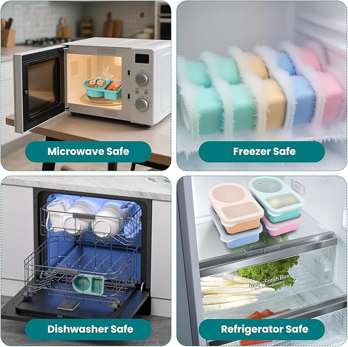 4 Pack Reusable Silicone Snack Containers with Semi-Transparent Lids, Small Leak-Proof 2 Compartment Condiment Container for Sauce, Fruit, Portable Food Storage Box for Office, Travel, Outdoors