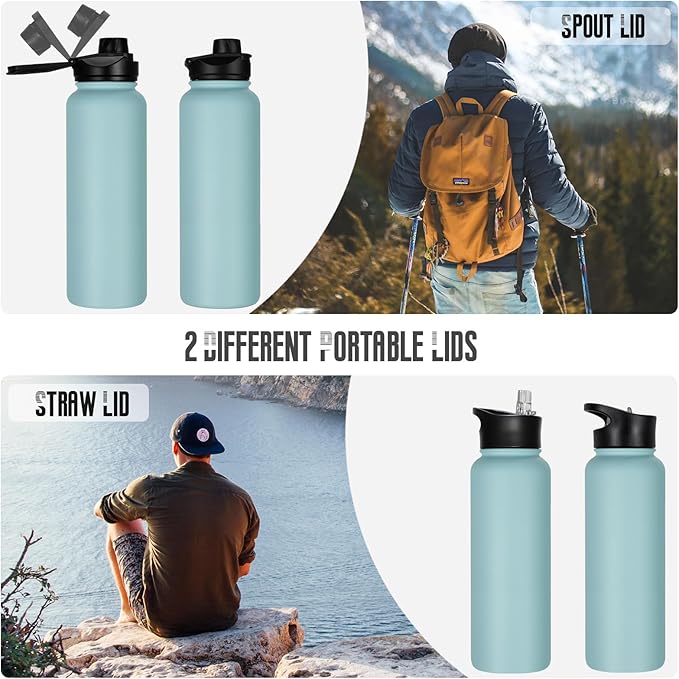 40 oz Insulated Water Bottle with Straw, Stainless Steel Sports Water Bottles with 2 Lids (Straw and Wide Mouth lid), Double Wall Vacuum, Leakproof, BPA-Free, Turquoise Blue