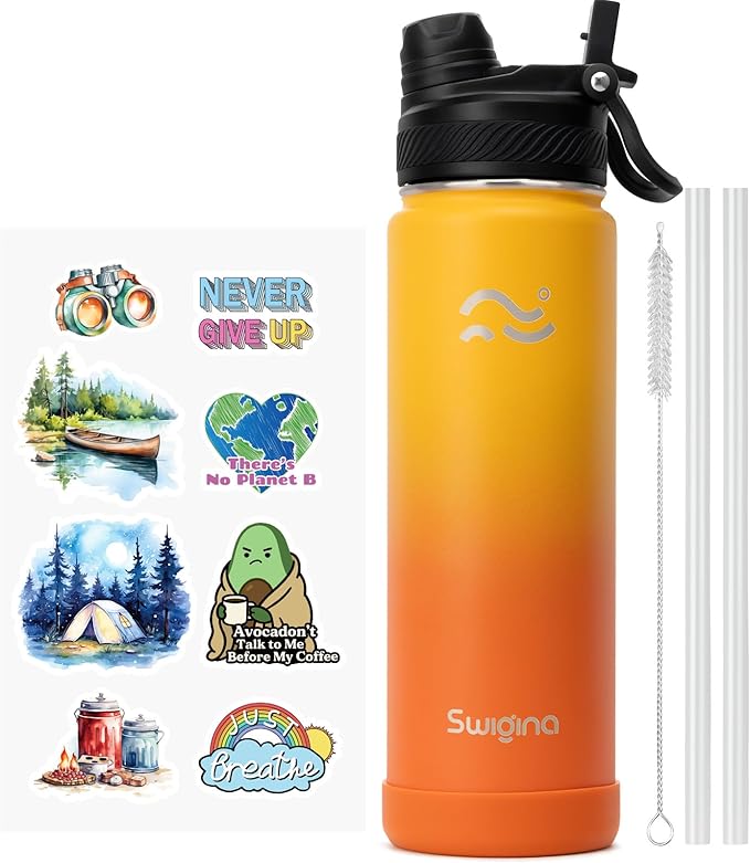 [2-IN-1 LID] Insulated Water Bottle with Silicone Boot (36hrs Cold/18hrs Hot) - DIY Stickers, Leakproof, BPA Free, 24 oz