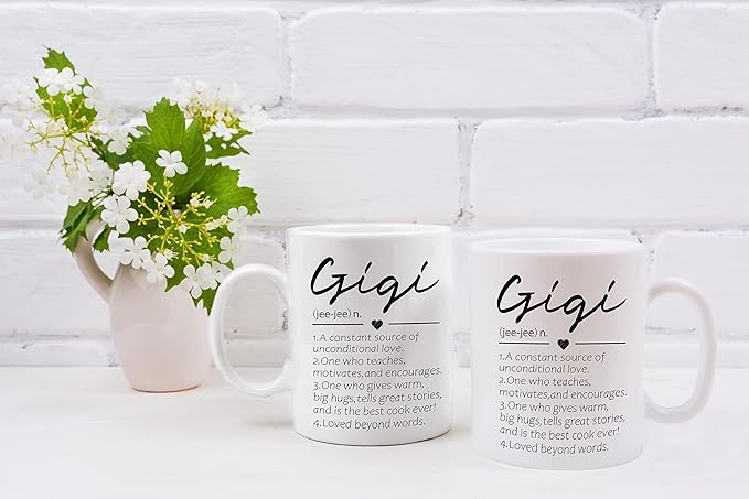QASHWEY Gigi Definition Coffee Mug, Grandma Mother's Birthday Gifts for Granddaughter Grandson, Double Side Printed Ceramic Mug Cup 11 Ounce